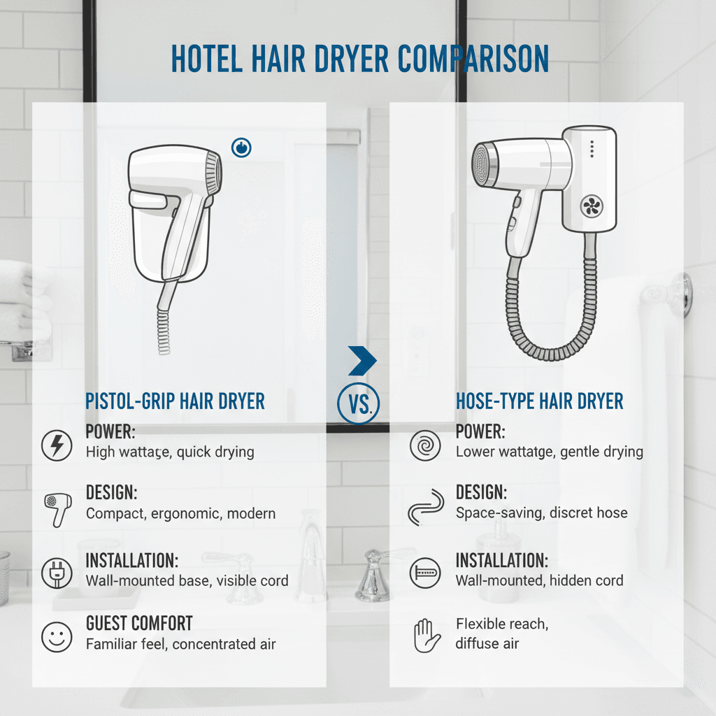 Pistolový vs. hadicový fén: Který je ideální pro vaši hotelovou koupelnu?