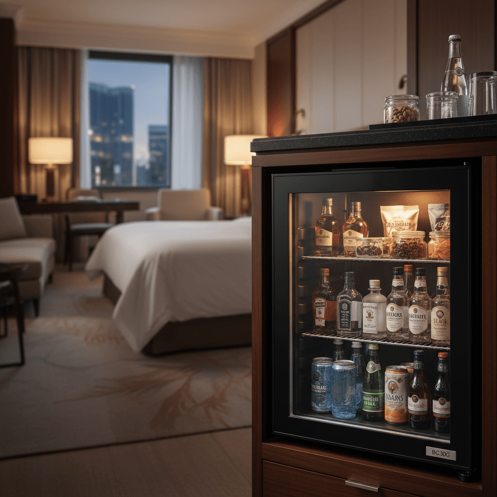 Recenze termoelektrického minibaru BC30G: Proč je prosklený design klíčem k vyšším tržbám a spokojenosti hostů?