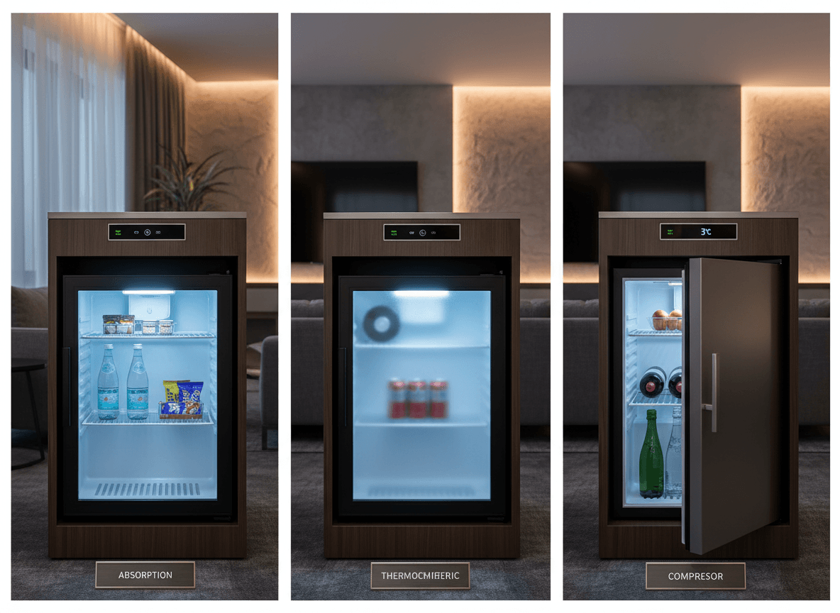 Srovnání hotelových minibarů: Absorpční, termoelektrický, nebo kompresorový?