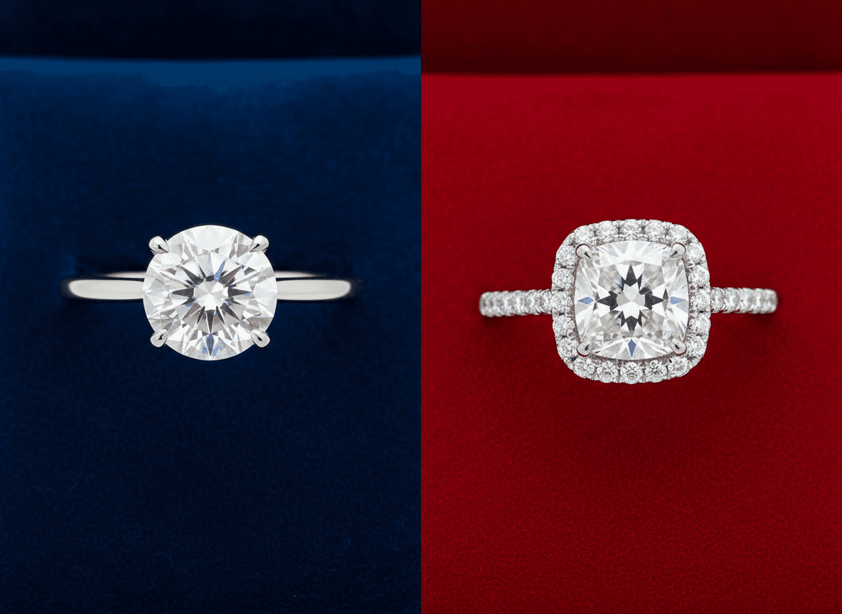 Solitaire vs. halo: Porovnanie dvoch najobľúbenejších štýlov zásnubných prsteňov